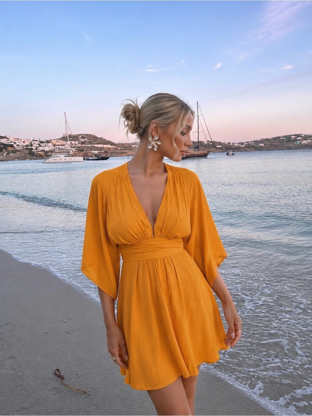 Orange Tied-waist kimono mini dress
